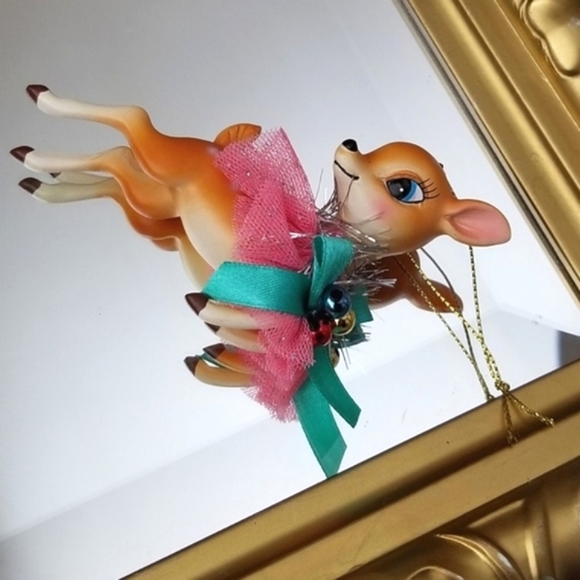 ❗MCM Style Retro Deer Holiday Ornament with Pink Tool and Tinsel❗ - Picture 3 of 4